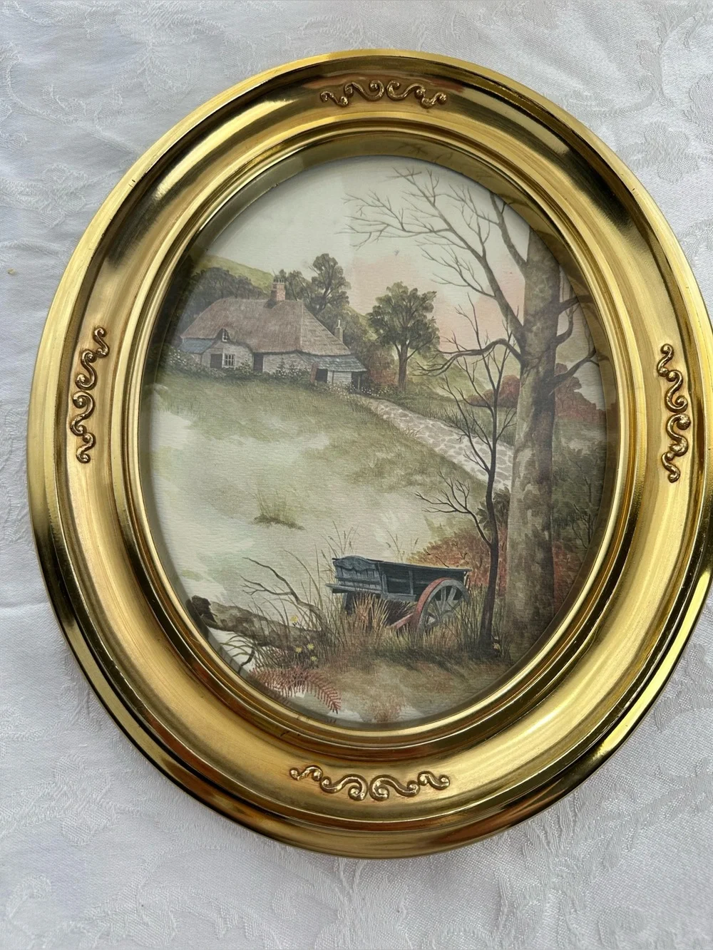 Gold Oval Wall Art Pair with Countryside Prints